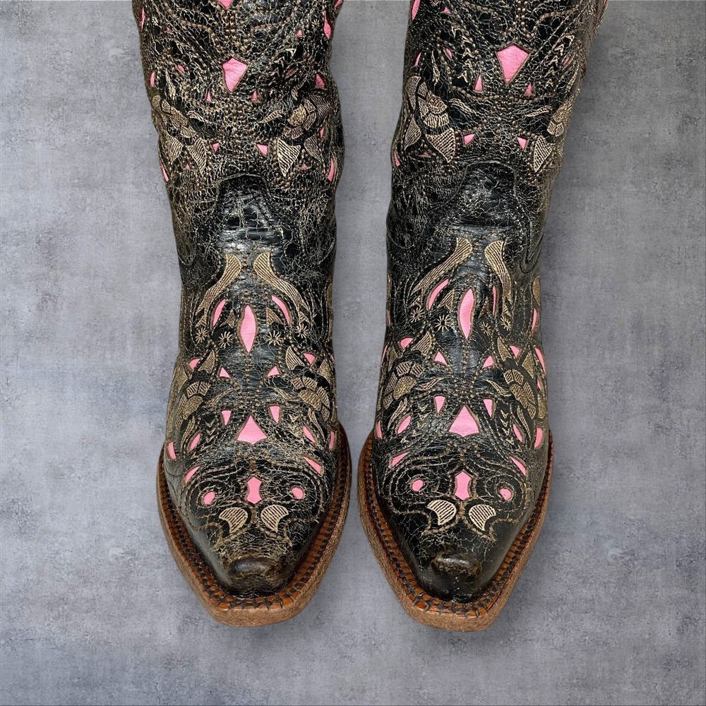 Corral Vintage Western Boots Womens 7.5 Pink Inlay Snip Toe Boho Festival Cowboy - Picture 3 of 11